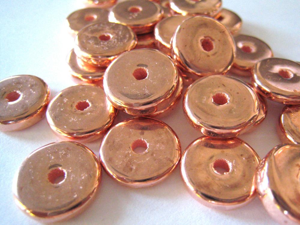 25 Qty 13mm Greek Metalized Copper Ceramic Beads / Round Washers From Island Of Mykonos